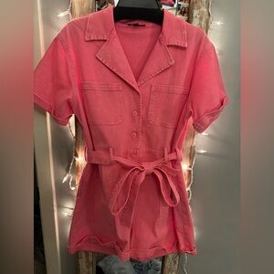 Pink Short Sleeve Belted Jumpsuit